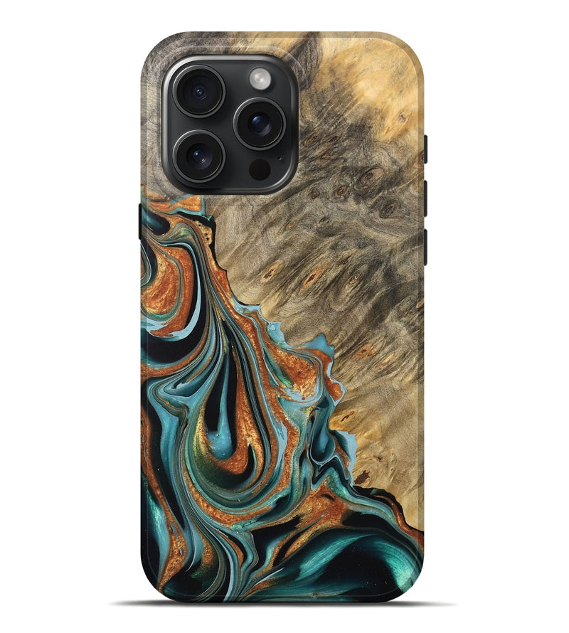 iPhone 16 Pro Max Wood Live Edge Phone Case - Oral (Teal & Gold, 733417)