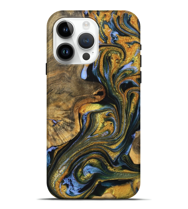 iPhone 15 Pro Max Wood Live Edge Phone Case - Letitia (Teal & Gold, 733818)