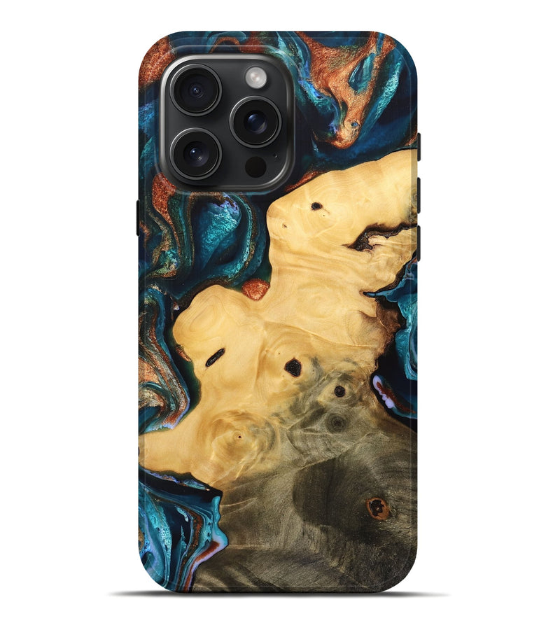 iPhone 16 Pro Max Wood Live Edge Phone Case - Myrah (Teal & Gold, 733821)