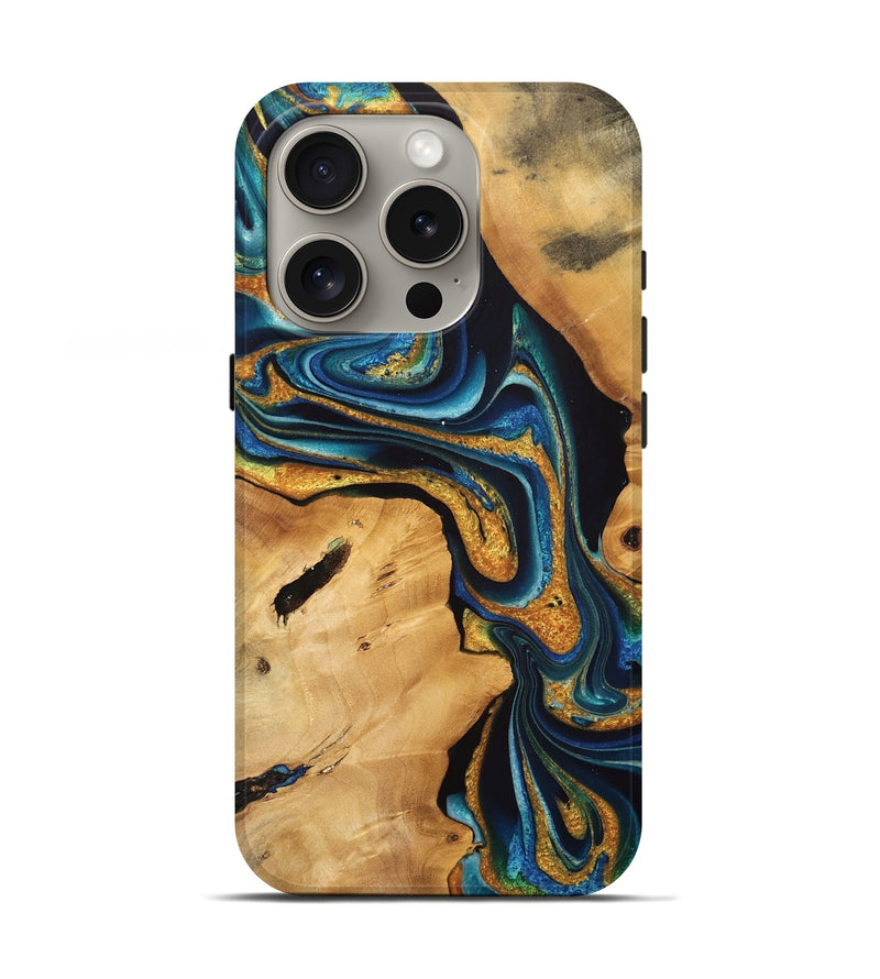 iPhone 16 Pro Wood Live Edge Phone Case - Leodora (Teal & Gold, 733833)