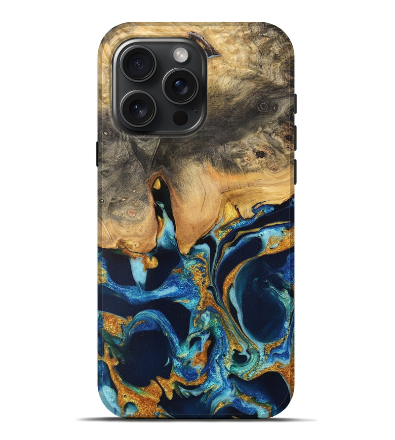 iPhone 16 Pro Max Wood Live Edge Phone Case - Brit (Teal & Gold, 733834)