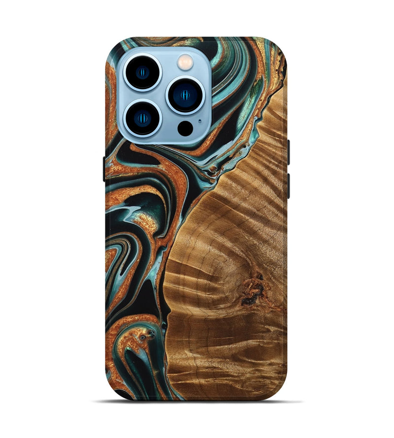 iPhone 14 Pro Wood Live Edge Phone Case - Kayley (Teal & Gold, 733835)