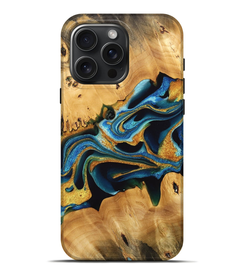 iPhone 16 Pro Max Wood Live Edge Phone Case - Felisha (Teal & Gold, 733836)