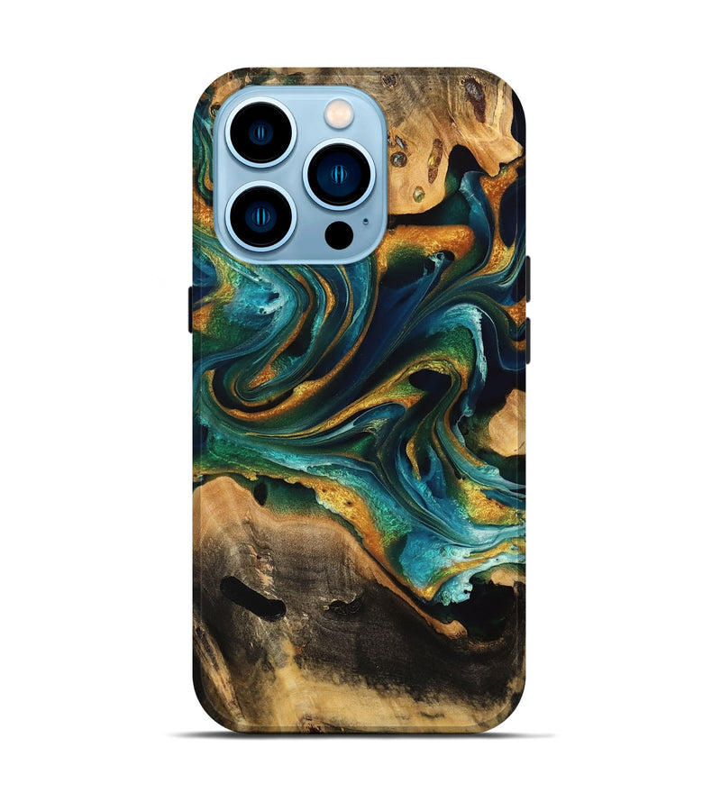 iPhone 14 Pro Wood Live Edge Phone Case - Zariah (Teal & Gold, 733837)