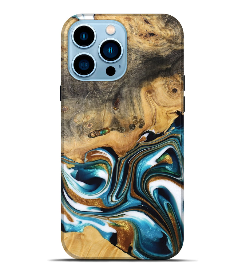 iPhone 14 Pro Max Wood Live Edge Phone Case - Norrie (Teal & Gold, 734596)