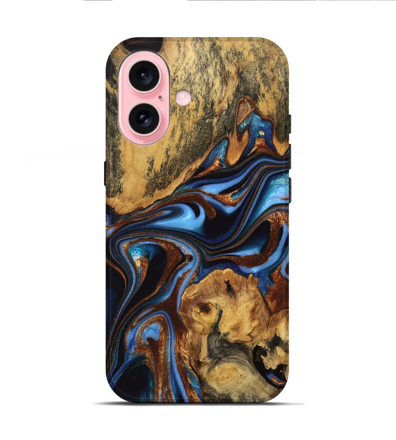 iPhone 16 Wood Live Edge Phone Case - Xiomara (Teal & Gold, 734597)