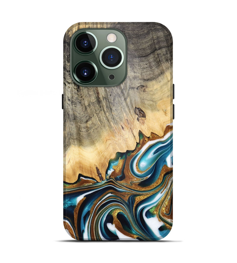 iPhone 13 Pro Wood Live Edge Phone Case - Juozas (Teal & Gold, 734598)