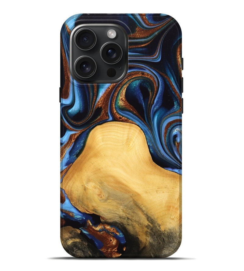 iPhone 16 Pro Max Wood Live Edge Phone Case - Lizeth (Teal & Gold, 734599)