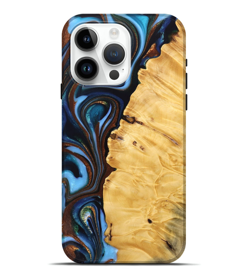 iPhone 15 Pro Max Wood Live Edge Phone Case - Pegeen (Teal & Gold, 734601)
