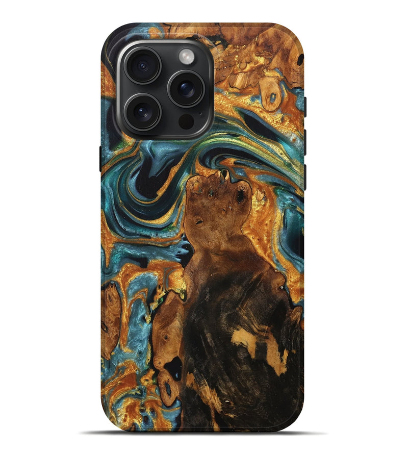 iPhone 16 Pro Max Wood Live Edge Phone Case - Viki (Teal & Gold, 734603)