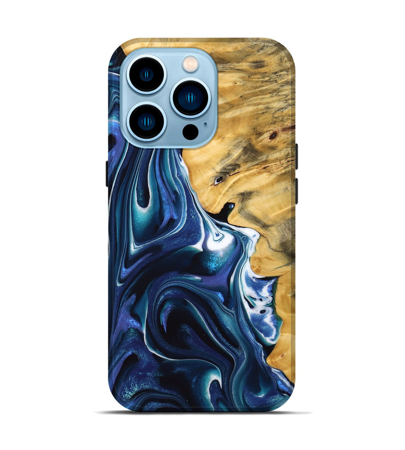 iPhone 14 Pro Wood Live Edge Phone Case - Mommy (Blue, 734606)