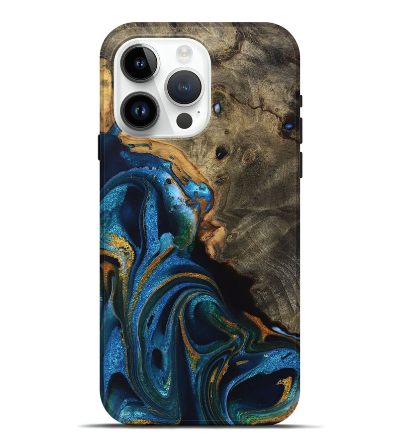 iPhone 15 Pro Max Wood Live Edge Phone Case - Verlie (Teal & Gold, 734891)