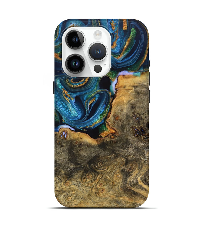 iPhone 15 Pro Wood Live Edge Phone Case - Gudrun (Teal & Gold, 734892)