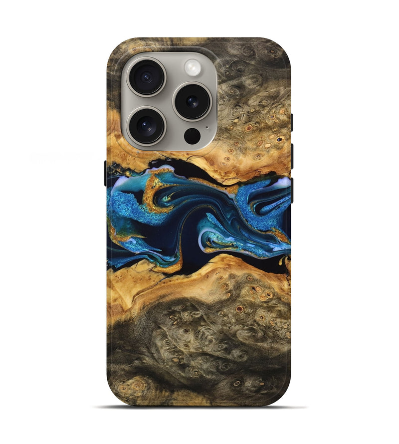 iPhone 16 Pro Wood Live Edge Phone Case - Enola (Teal & Gold, 734893)