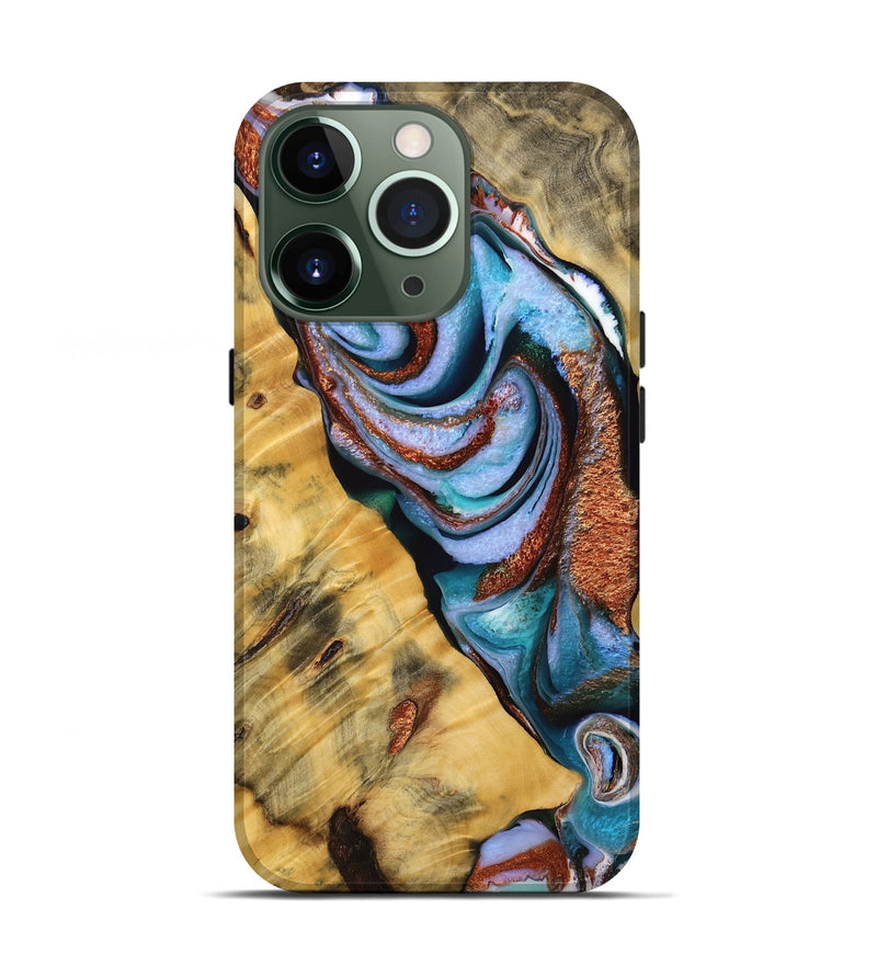 iPhone 13 Pro Wood Live Edge Phone Case - Joeri (Teal & Gold, 734895)