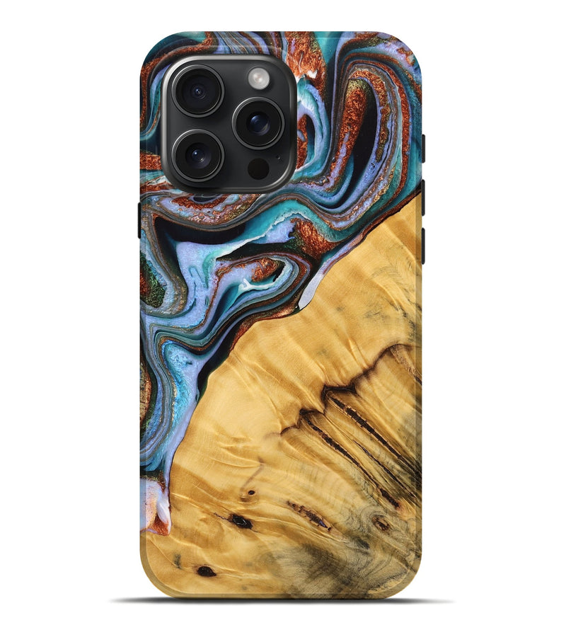 iPhone 16 Pro Max Wood Live Edge Phone Case - Leola (Teal & Gold, 734896)