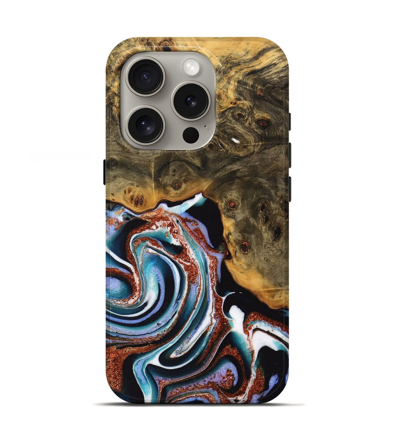 iPhone 16 Pro Wood Live Edge Phone Case - Pascal (Teal & Gold, 734897)