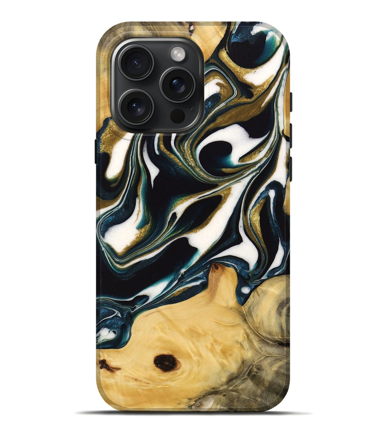 iPhone 16 Pro Max Wood Live Edge Phone Case - Kaden (Teal & Gold, 735612)