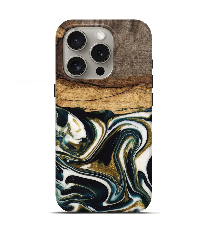 iPhone 16 Pro Wood Live Edge Phone Case - Olinda (Teal & Gold, 735613)