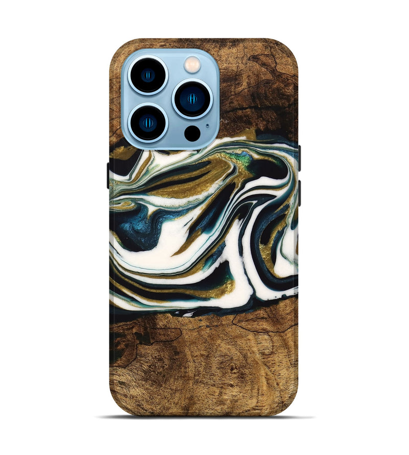 iPhone 14 Pro Wood Live Edge Phone Case - Rashida (Teal & Gold, 735614)