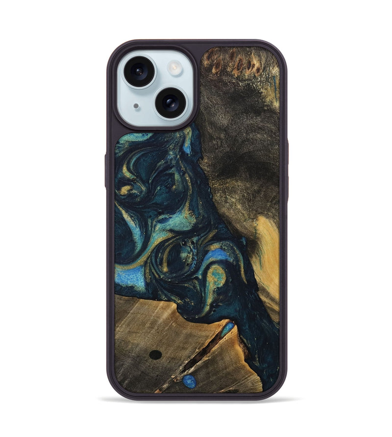 iPhone 15 Wood Phone Case - Casimer (Teal & Gold, 736225)