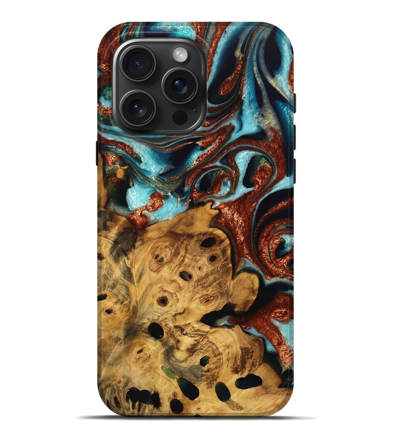 iPhone 16 Pro Max Wood Live Edge Phone Case - Josh (Teal & Gold, 736349)