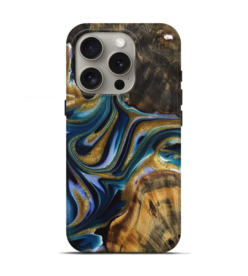 iPhone 16 Pro Wood Live Edge Phone Case - Annalee (Teal & Gold, 736350)