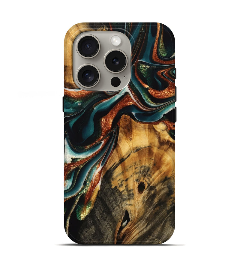 iPhone 16 Pro Wood Live Edge Phone Case - Aydan (Teal & Gold, 736358)