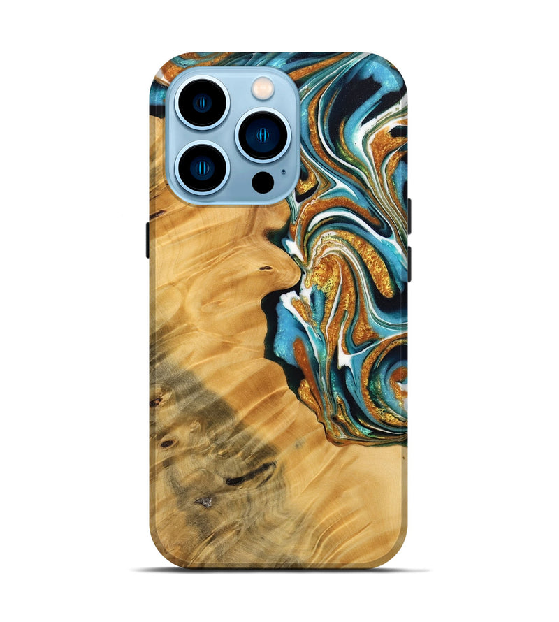 iPhone 14 Pro Wood Live Edge Phone Case - Piyush (Teal & Gold, 736359)