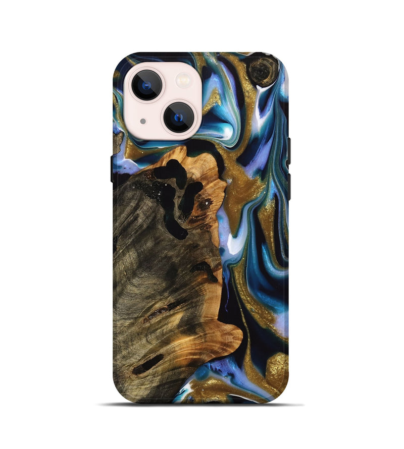 iPhone 13 mini Wood Live Edge Phone Case - Needham (Teal & Gold, 736360)