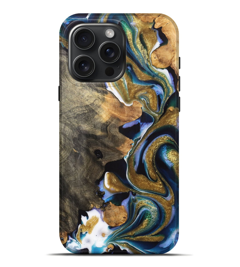iPhone 16 Pro Max Wood Live Edge Phone Case - Fronie (Teal & Gold, 736361)