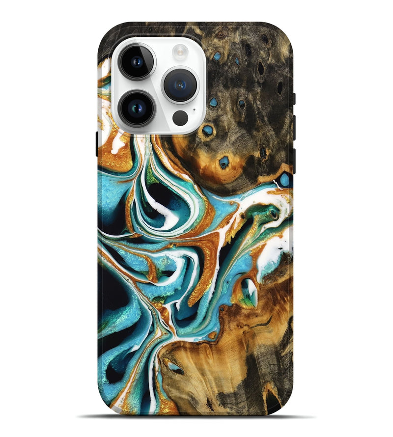 iPhone 15 Pro Max Wood Live Edge Phone Case - Loon (Teal & Gold, 736363)