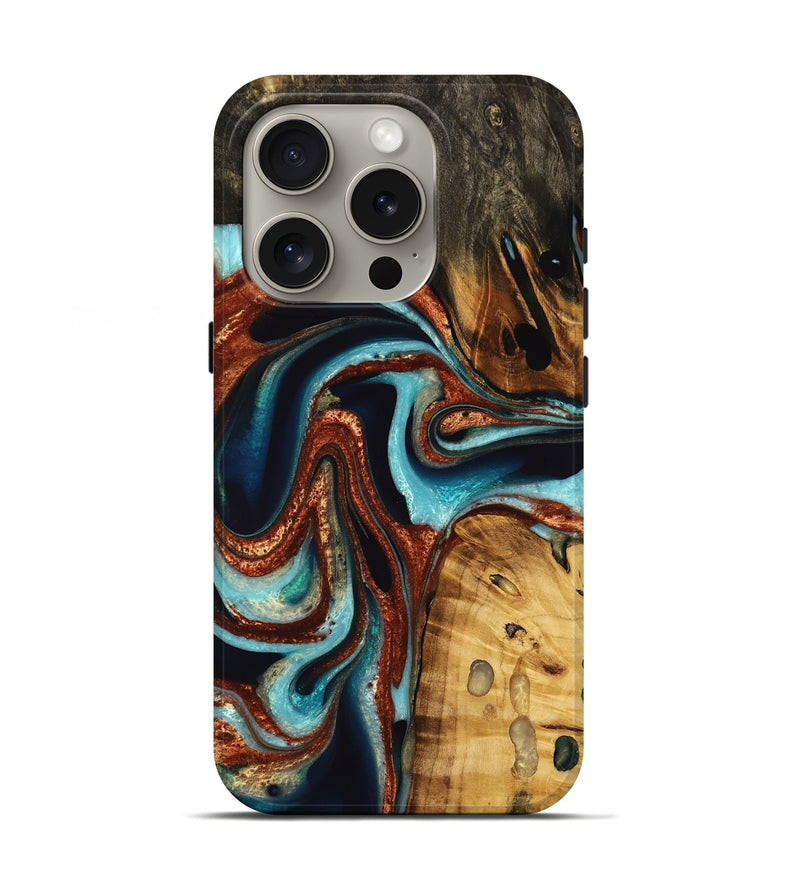 iPhone 16 Pro Wood Live Edge Phone Case - Arvilla (Teal & Gold, 736364)