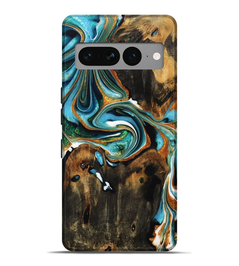 Pixel 7 Pro Wood Live Edge Phone Case - Ruperta (Teal & Gold, 736365)