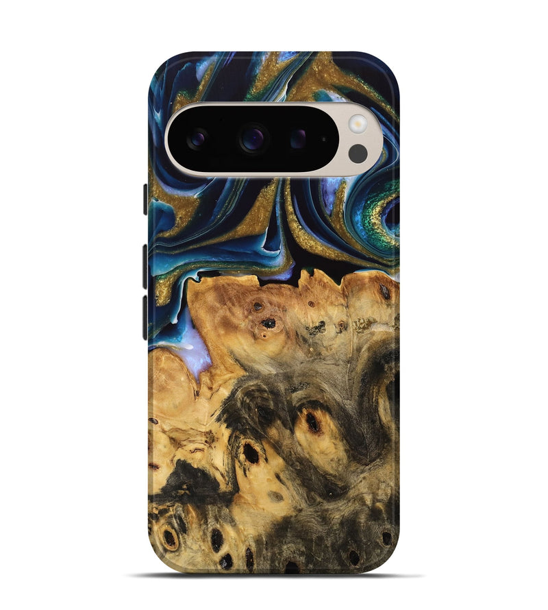 Pixel 9 Pro Wood Live Edge Phone Case - Asher (Teal & Gold, 736366)