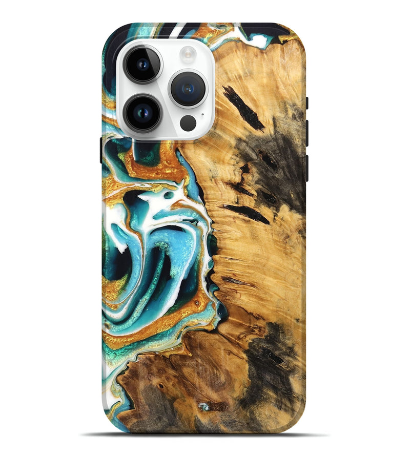 iPhone 15 Pro Max Wood Live Edge Phone Case - Cordero (Teal & Gold, 736386)