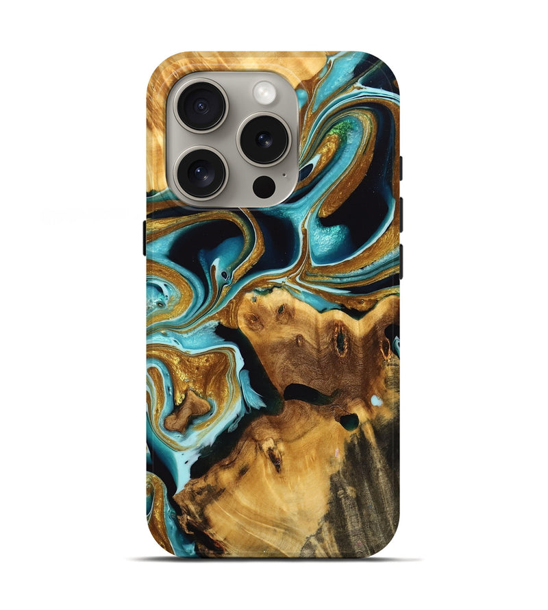 iPhone 16 Pro Wood Live Edge Phone Case - Chryste (Teal & Gold, 736507)