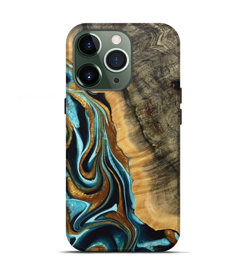 iPhone 13 Pro Wood Live Edge Phone Case - Lyne (Teal & Gold, 736569)