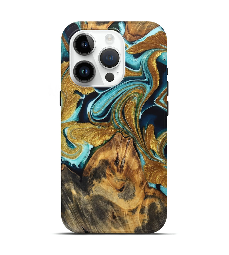 iPhone 15 Pro Wood Live Edge Phone Case - Mari (Teal & Gold, 736570)