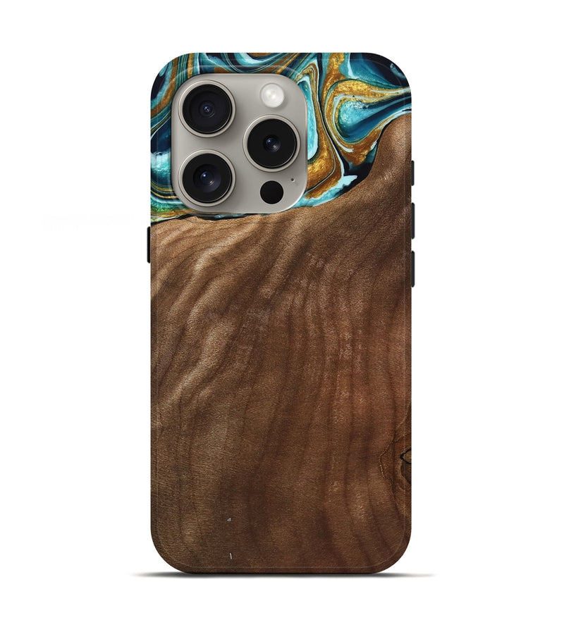 iPhone 16 Pro Wood Live Edge Phone Case - Georges (Teal & Gold, 736571)