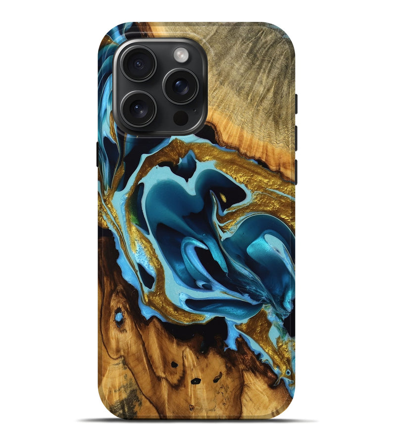 iPhone 16 Pro Max Wood Live Edge Phone Case - Coen (Teal & Gold, 737933)