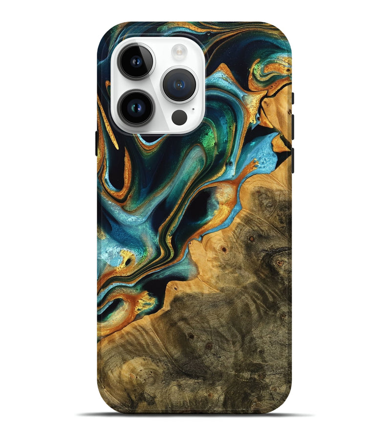 iPhone 15 Pro Max Wood Live Edge Phone Case - Camile (Teal & Gold, 737940)
