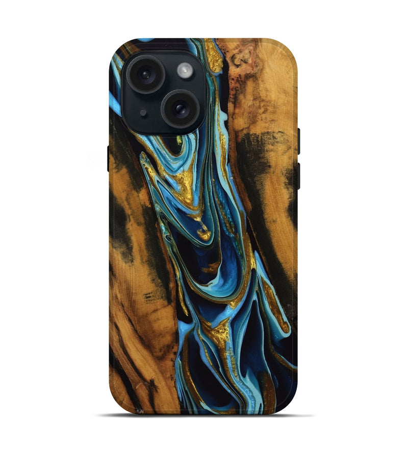 iPhone 15 Wood Live Edge Phone Case - Hulst (Teal & Gold, 737944)