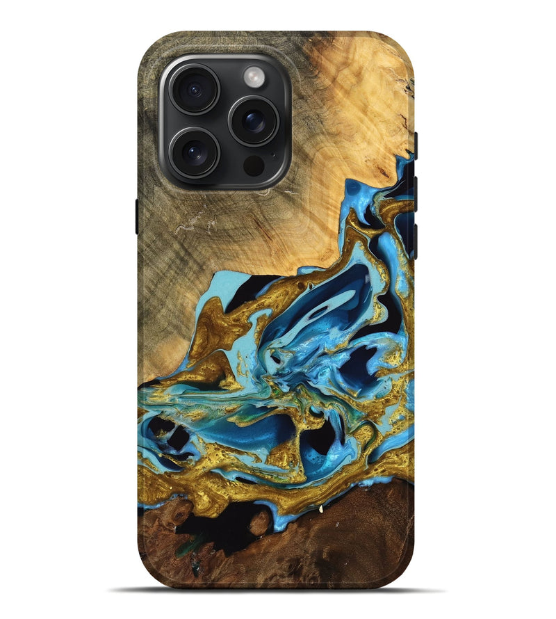 iPhone 16 Pro Max Wood Live Edge Phone Case - Leafy (Teal & Gold, 737945)
