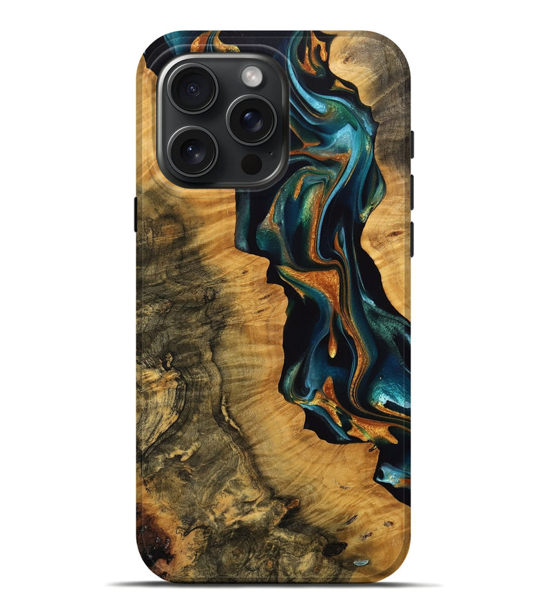 iPhone 16 Pro Max Wood Live Edge Phone Case - Morissa (Teal & Gold, 737950)