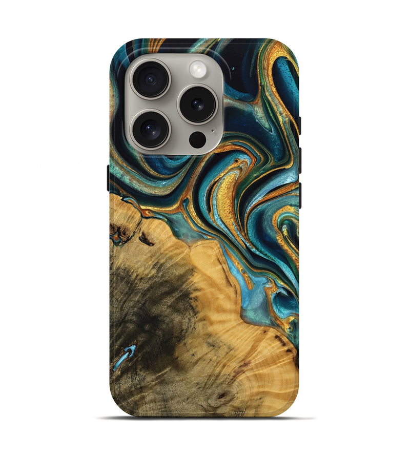 iPhone 16 Pro Wood Live Edge Phone Case - Rima (Teal & Gold, 737953)