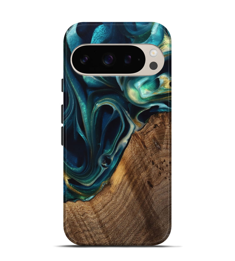 Pixel 9 Pro Wood Live Edge Phone Case - Shama (Teal & Gold, 738044)