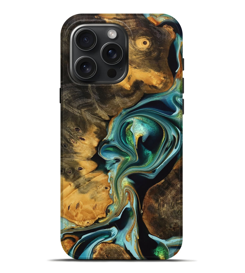 iPhone 16 Pro Max Wood Live Edge Phone Case - Gerber (Teal & Gold, 738051)