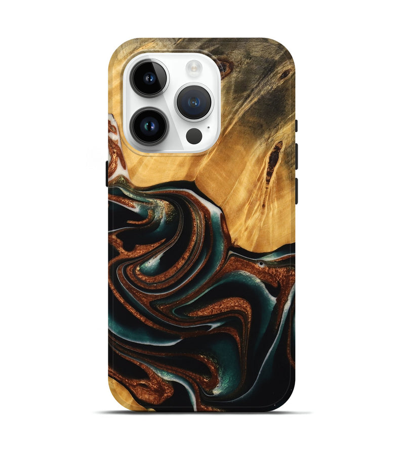 iPhone 15 Pro Wood Live Edge Phone Case - Davin (Teal & Gold, 738066)