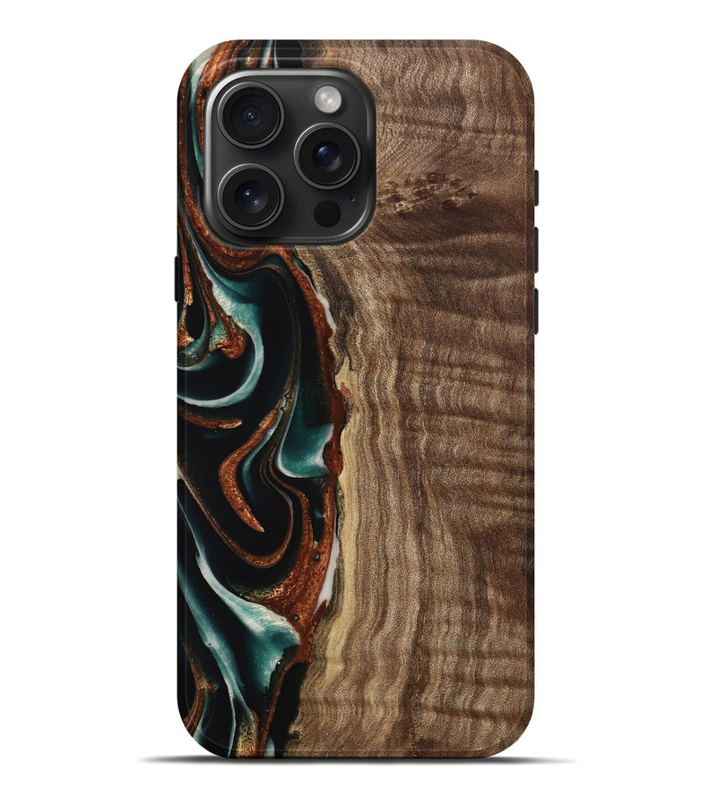 iPhone 16 Pro Max Wood Live Edge Phone Case - Judson (Teal & Gold, 738067)